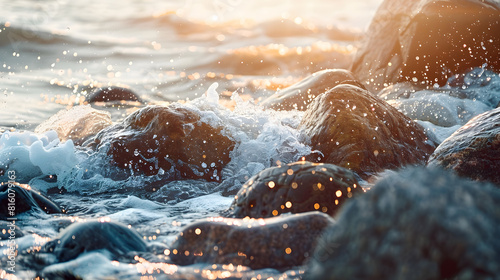 Summer beach with rocks and splashing waves : Generative AI © Generative AI