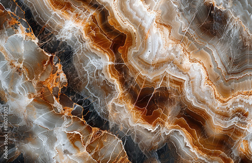 A closeup of the surface texture of an onyx marble, showcasing its unique patterns and colors. Created with Ai