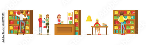 People Character at Library and Bookstore with Books Vector Set