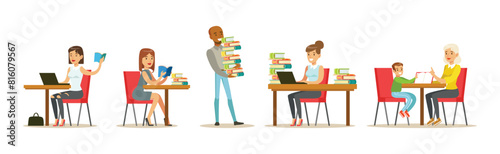 People Character at Library and Bookstore with Books Vector Set
