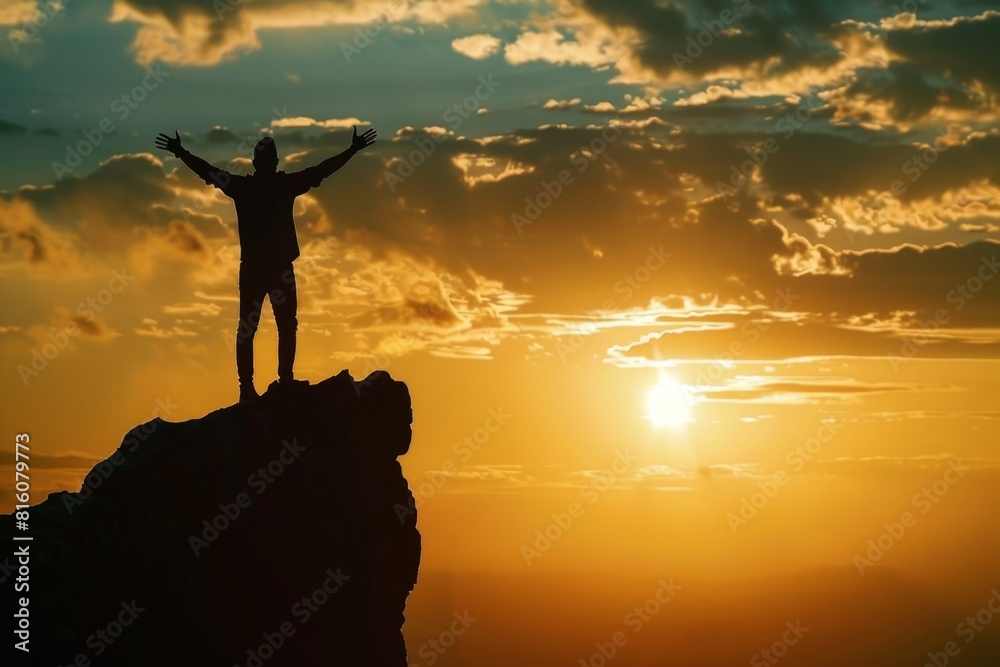 Silhouette of a man standing on top of a mountain with his arms raised ...