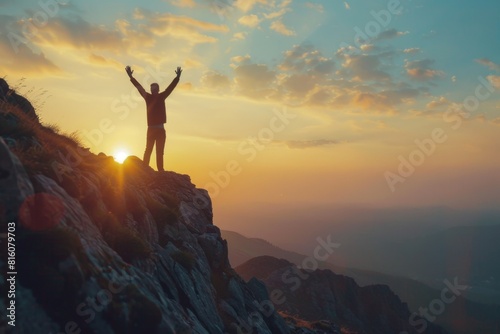 Silhouette of man standing on top mountain with arms raised up at sunset, he is happy and proud to make success banner for copy space Generative AI