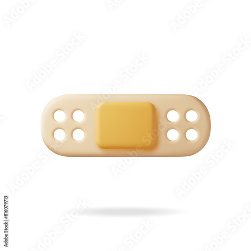 3D medical plaster icon isolated on white. Render wound bandage patch symbol. Adhesive bandage elastic plaster. Healthcare and pharmacy. Minimal vector illustration