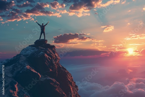 Silhouette of a man standing on top of a mountain with his arms raised against a sunset sky background  a panoramic banner with space for text Generative AI