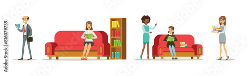 People Character at Library and Bookstore with Books Vector Set