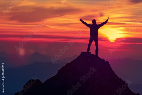 Silhouette of a man standing on top of a mountain with his arms raised up and looking at the sky  against a sunset background Generative AI