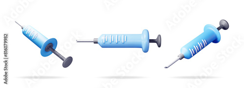 3d set of syringe icon isolated. Render collection of medical plastic vaccination syringe. Injection syringe needles. Healthcare hospital medical diagnostics. Urgency emergency. Vector illustration