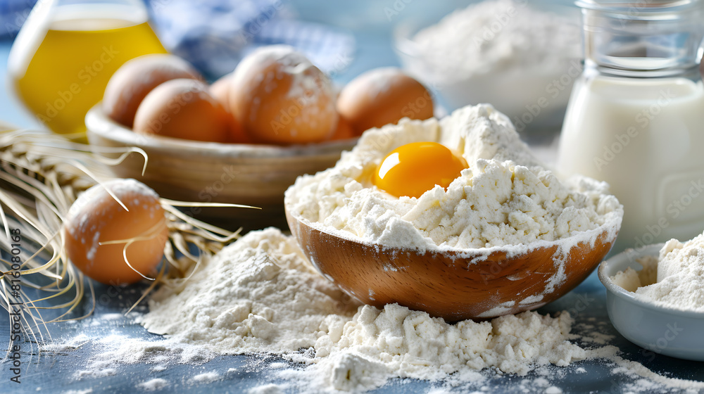 Photo ingredients for preparing the dough stand chaotically on the table flour, eggs, milk, copy spacing Photo ingredients for preparing the dough stand chaotically on the table flour, eggs, milk, copy spacing