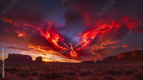 Rich Red Cirrostratus Clouds Shaping a Fiery Phoenix Soaring Above a Dark Desert at Dusk photo