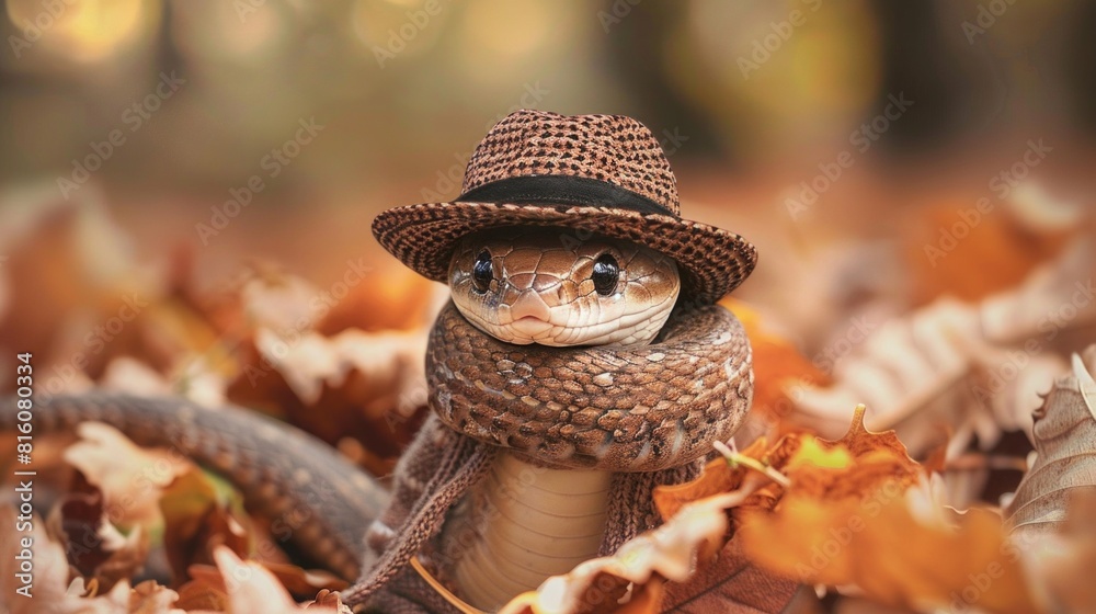 Naklejka premium funny Grass Snake wearing knitter coat and hat