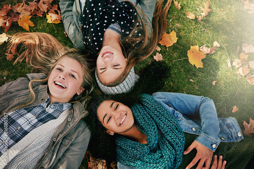 Cuadro en lienzo Above, teenagers or girls on park for autumn, relaxing and bonding together on grass with happiness
