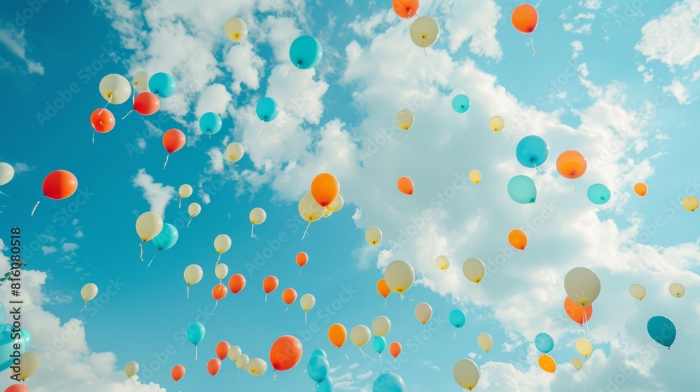 Fototapeta premium A bunch of colorful balloons are floating in the sky
