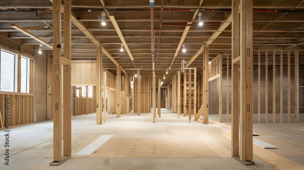 Wood framing interior work in progress with wood walls and ceiling and plywood sheathing on new construction building : Generative AI