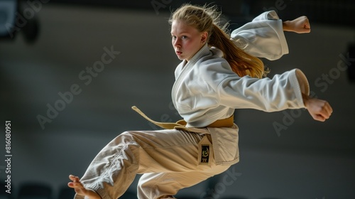 White woman practicing judo sport, person is focused and enjoying the sport, sports photography, generative ai © Hixel