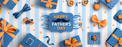 Happy father's day banner with blue gift boxes, mustache and tie on striped background, illustration of happy birthday or card template for man poster design 
