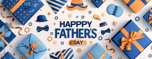 Happy father's day banner with blue gift boxes, mustache and tie on striped background, illustration of happy birthday or card template for man poster design 
