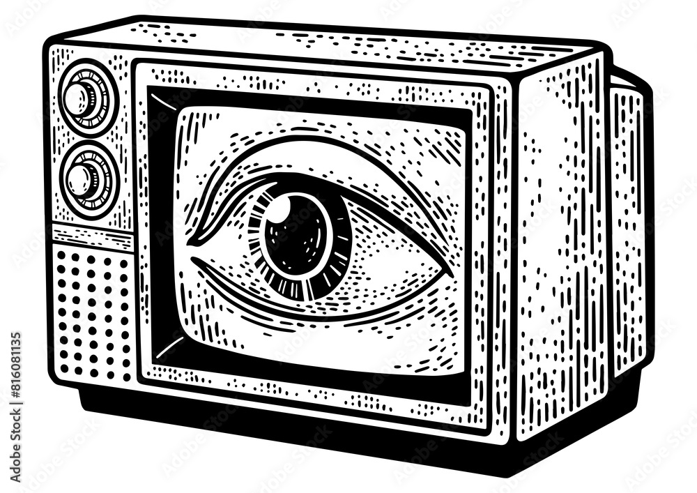Obraz premium TV with an eye on the screen sketch engraving PNG illustration. T-shirt apparel print design. Scratch board imitation. Black and white hand drawn image.