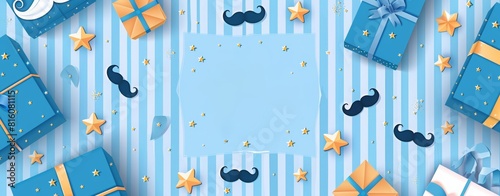 Happy father's day banner with blue gift boxes, mustache and tie on striped background, illustration of happy birthday or card template for man poster design 