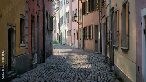 Austria Vorarlberg Bregenz Townhouses along empty cobblestone alley : Generative AI