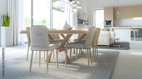 Table and chairs on carpeted floor of spacious dining room of modern home with living room in background   Generative AI
