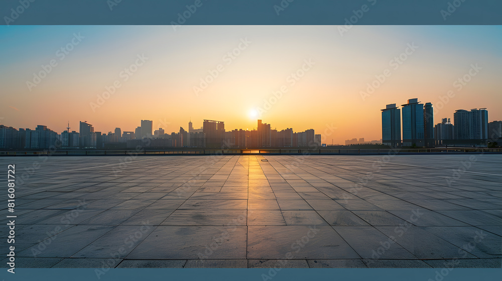 Empty square floor and modern city skyline with buildings at sunset in Ningbo Zhejiang Province China : Generative AI Empty square floor and modern city skyline with buildings at sunset in Ningbo Zhejiang Province China : Generative AI