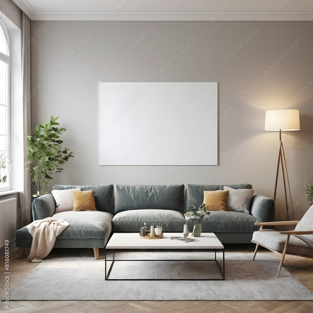 Fototapeta premium Frame mockup, ISO A paper size. Living room wall poster mockup. Interior mockup with house background. Modern interior design. 3D render