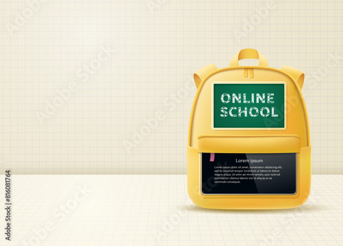 Online school learning concept. A backpack with a school board and an Internet tablet on the background of a checkered notebook. Vector illustration.
