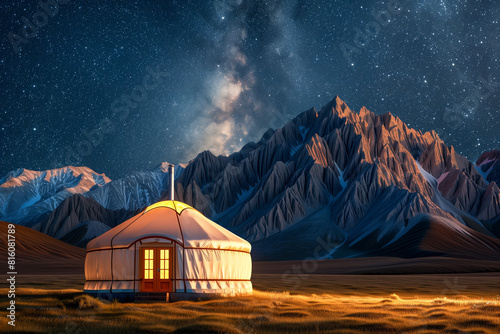 Traditional mongolian yurt at night under the milky way with mountains in the background photo