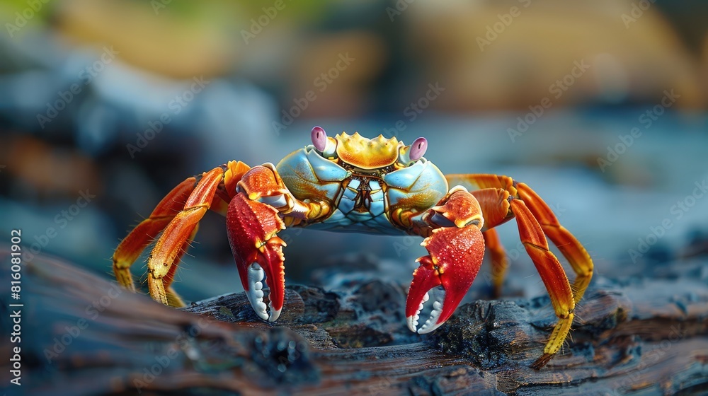 Crab with red shell and yellow legs perched on driftwood positioned as the focal point against a blurred background Crab with red shell and yellow legs perched on driftwood positioned as the focal point against a blurred background