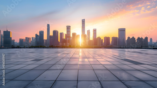 Empty square floor and modern city skyline with buildings at sunset in Ningbo Zhejiang Province China   Generative AI