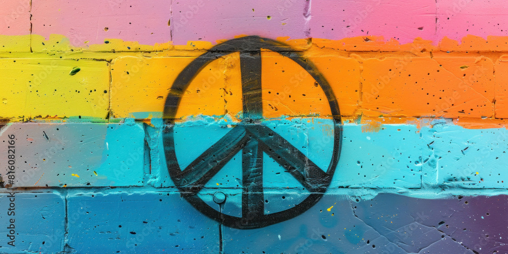 Peace sign painted with airbrush on colorful wall on the street, street art
