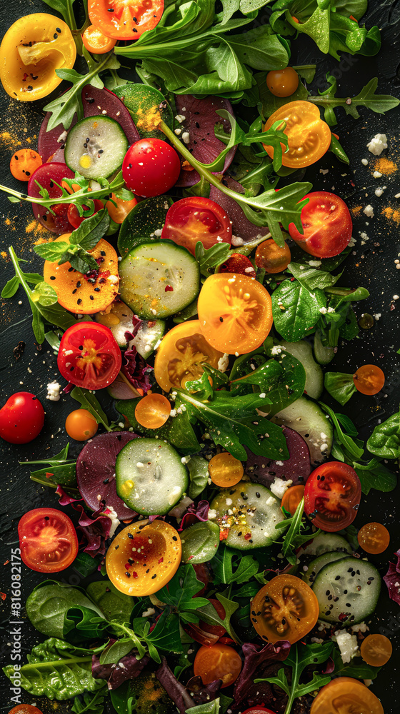© Kowit - flat lay composition of a vibrant salad, focusing on the close-up textures and fresh ingredients © Kowit - flat lay composition of a vibrant salad, focusing on the close-up textures and fresh ingredients