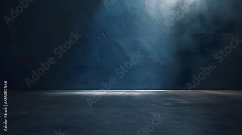 Dark blue wall in an empty room with a concrete floor : Generative AI © Generative AI