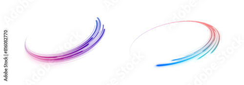 PNG. Neon line as speed or arc, turn, twist, bend in light effect. Light arc in neon colors, in the form of a turn and a zigzag. Expressway in long delay, with car lights at night on autobahn.	