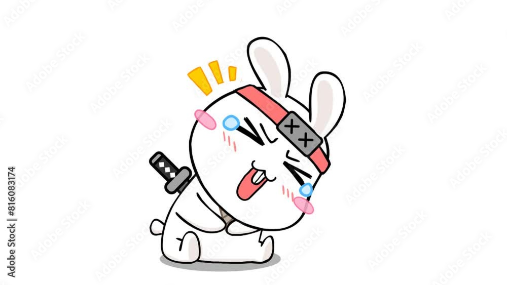 Animated ninja rabbit sitting and laughing with tears, on a white background Animated ninja rabbit sitting and laughing with tears, on a white background