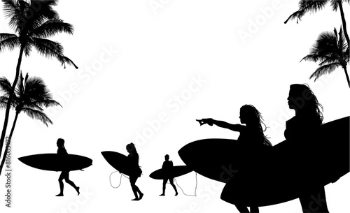 surfistas, contraluz, vector, tabla, surf, mar, atardecer, mujer surfista, silueta, tablista, ilustracion, arte surf, rosa, surfista en la playa, chica surf, mujer