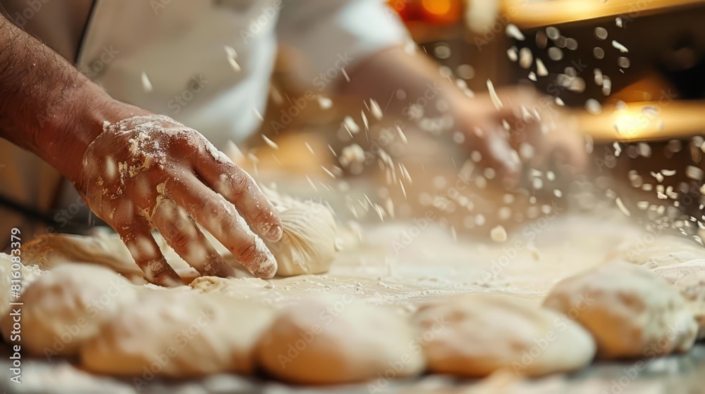 A closeup of a chef handtossing pizza dough in a professional kitchen No text or alphabet on image A closeup of a chef handtossing pizza dough in a professional kitchen No text or alphabet on image