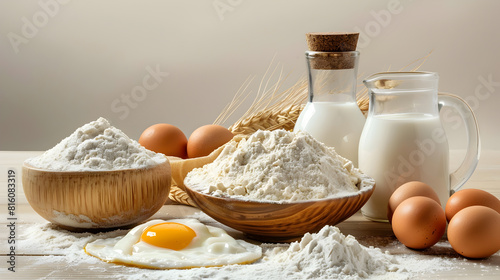 Realistic photo ingredients for preparing the dough stand chaotically on the table flour, eggs, milk, copy spacing