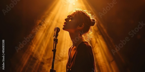 A singer passionately performing on stage, with a spotlight highlighting their expression No text or alphabet on image