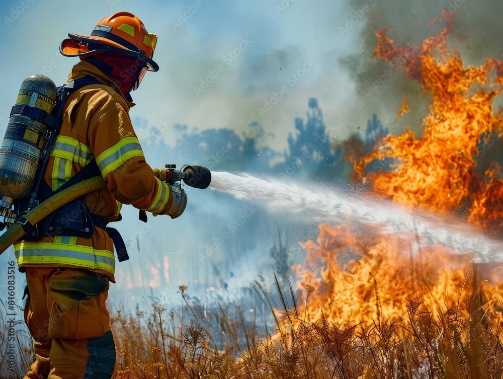 A firefighter in action, spraying water to extinguish a blaze No text or alphabet on image A firefighter in action, spraying water to extinguish a blaze No text or alphabet on image