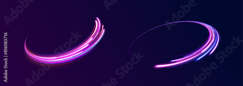 The effect of express lanes from a fast car on the freeway. High speed effect motion blur night lights blue and red.	Illustration of high speed concept. Curved light trail stretched upward. Vector Ill