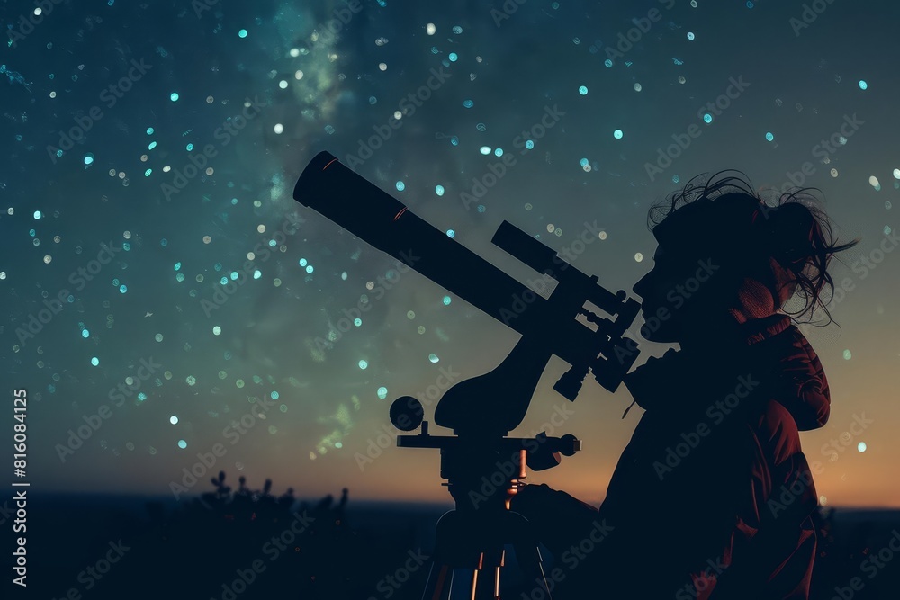 A person stargazing with a telescope on a clear night No text or alphabet on image A person stargazing with a telescope on a clear night No text or alphabet on image