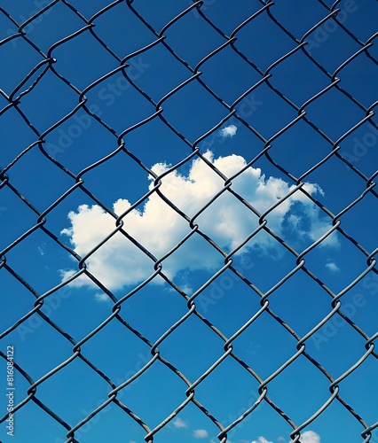 A chainlink fence with azure sky and fluffy clouds in the background  creating a mesh of water and wire fencing in a composite material setting