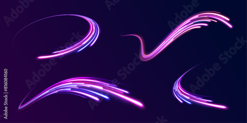 Accelerating speed on a night road in the form of a comet of neon colors. Set neon effect on night road. City road car light trails motion background. Fire light circles trails of sparkling glitter.	