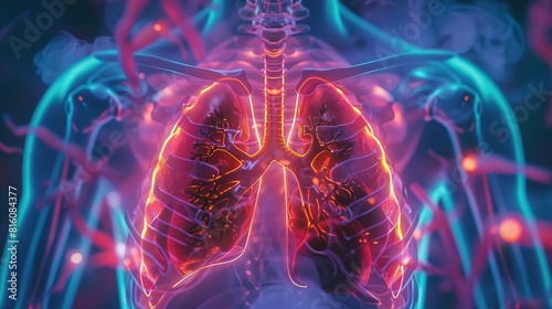 A detailed depiction of a chest Xray  showcasing a normal heart  lungs  and spine  artistically highlighted with neon lights to merge clinical accuracy with contemporary art