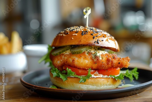 Delectable breaded fish burger served on a sesame bun with fresh lettuce and tomato, accompanied by a side of fries © anatolir