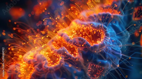 A detailed medical image showcasing intestinal cells from micro to macro scales  illuminated in neon orange to enhance visual learning and diagnostic insights
