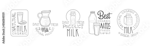 Fresh Milk Product Hand Drawn Black and White Sign Design Vector Set © topvectors