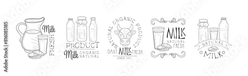 Fresh Milk Product Hand Drawn Black and White Sign Design Vector Set © topvectors