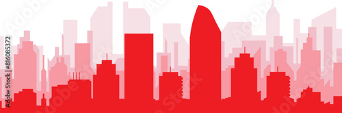 Red panoramic city skyline poster with reddish misty transparent background buildings of SAN DIEGO, UNITED STATES